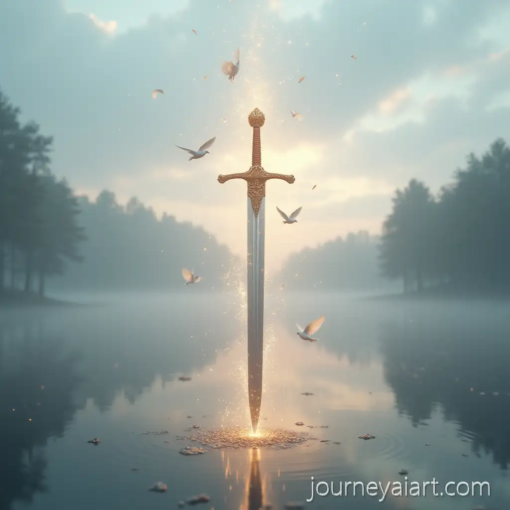 DisSword-Disintegrating-at-Dawnintegrating-Medieval-Sword-Transformed-into-Glowing-Particles-and-Dove-Feathers-at-Dawn