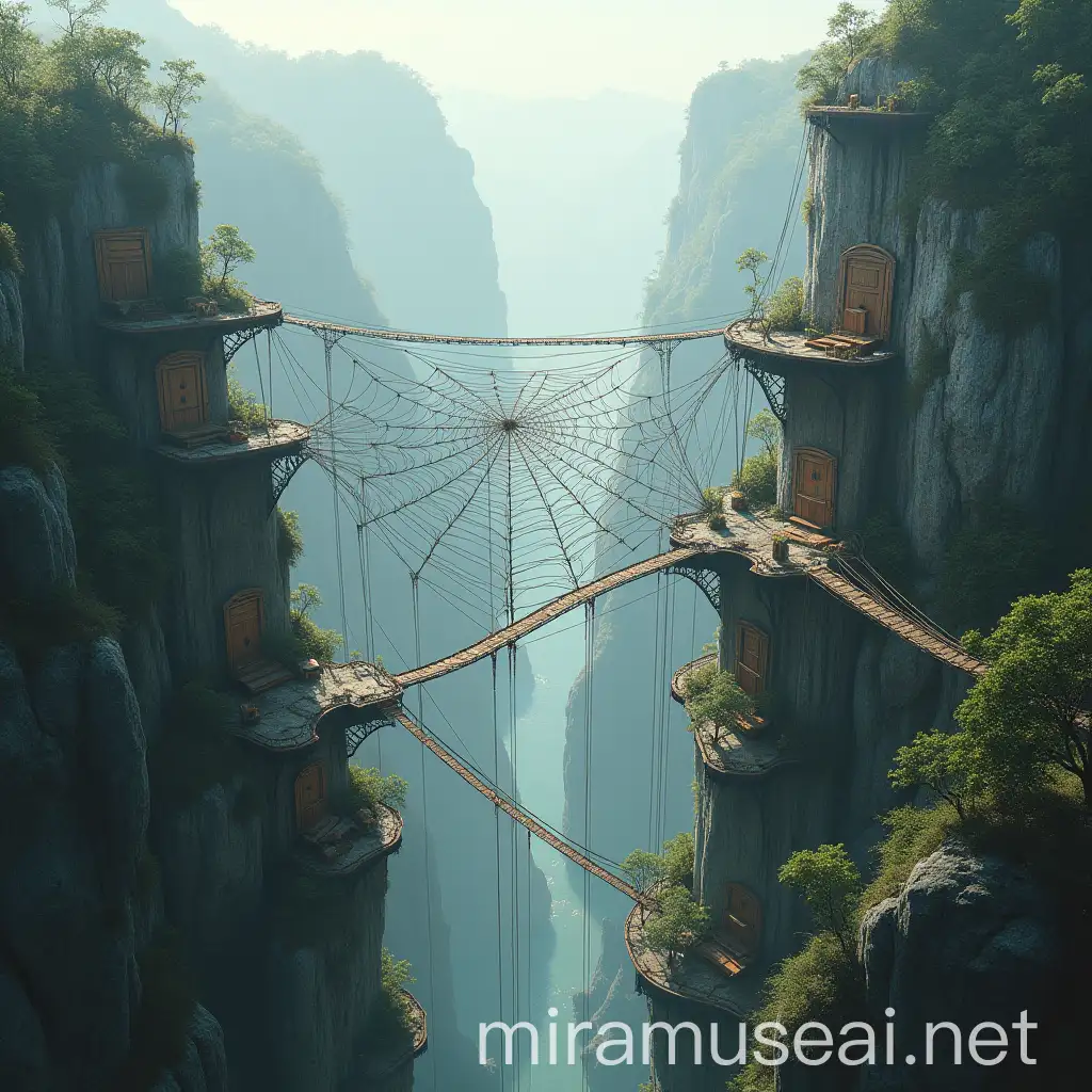 Aerial View of the Spider Web City Suspended Between Two Mountains