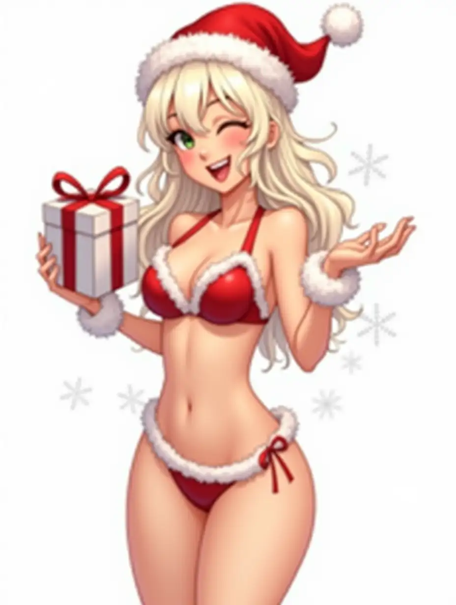 Animated flirtatious, snow maiden with light hair in an interesting flirtatious pose, in a red swimsuit with white fur bikini top and panties and a red hat, holding a large craft box gift, smiling, digital illustration, white background, New Year, snowflakes, high detail