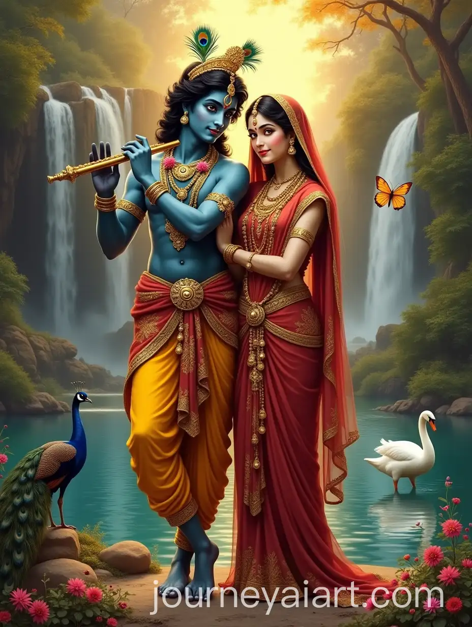 Radha-and-Krishna-Standing-by-Waterfall-with-Peacock-and-Swan