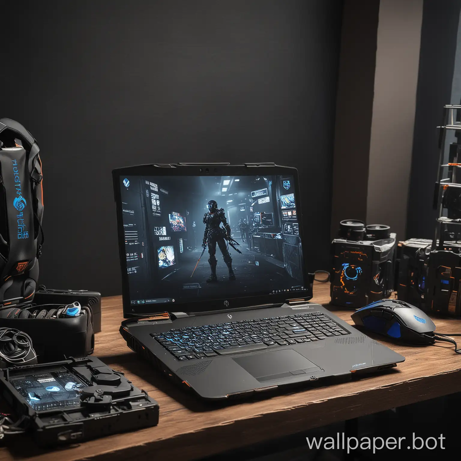 A gaming room with hp victus laptop with gaming gear