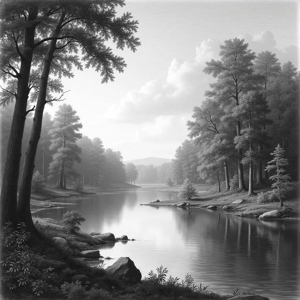 Serene-Baroque-Engraving-of-a-Tranquil-Lake-in-Enchanting-Woods