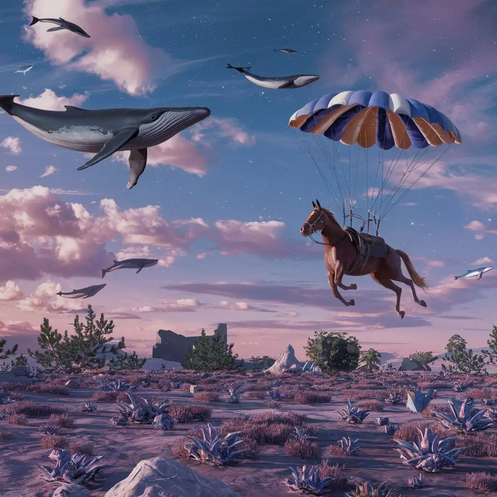 a horse in the sky, with parachute, on a foreign planet, whales flying in the sky, there’s clouds