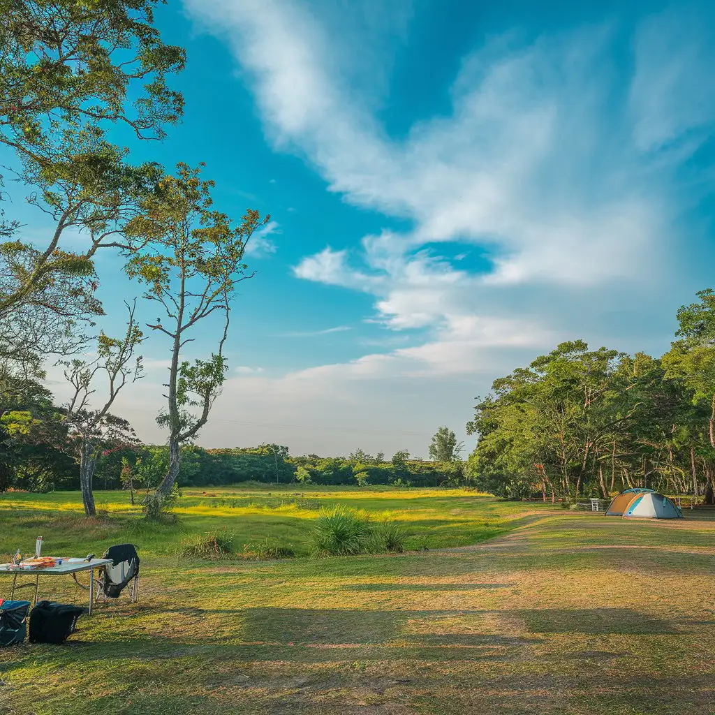 Scenic-Grassland-with-Camping-Tent-and-Table-Under-Blue-Sky-and-White-Clouds