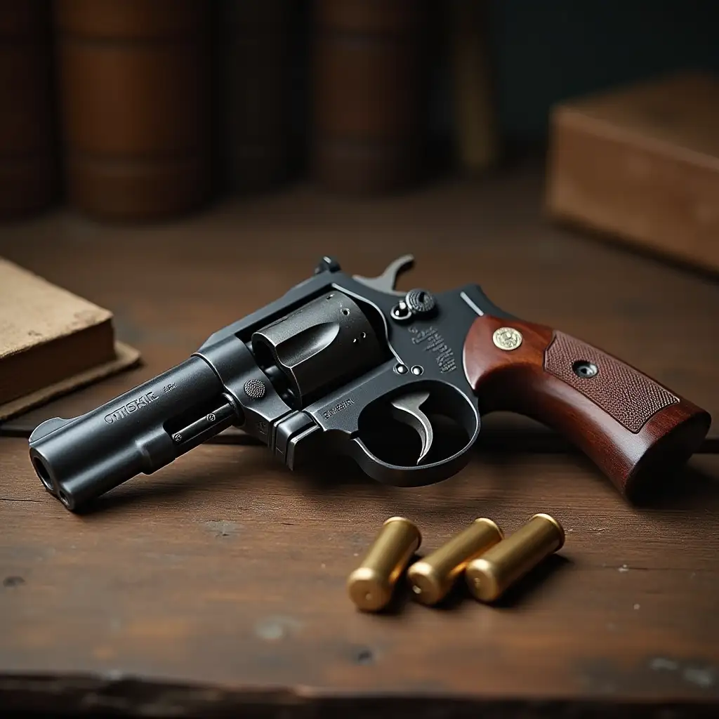 Rough wooden desk. A small revolver of low power. There are a few bullets.