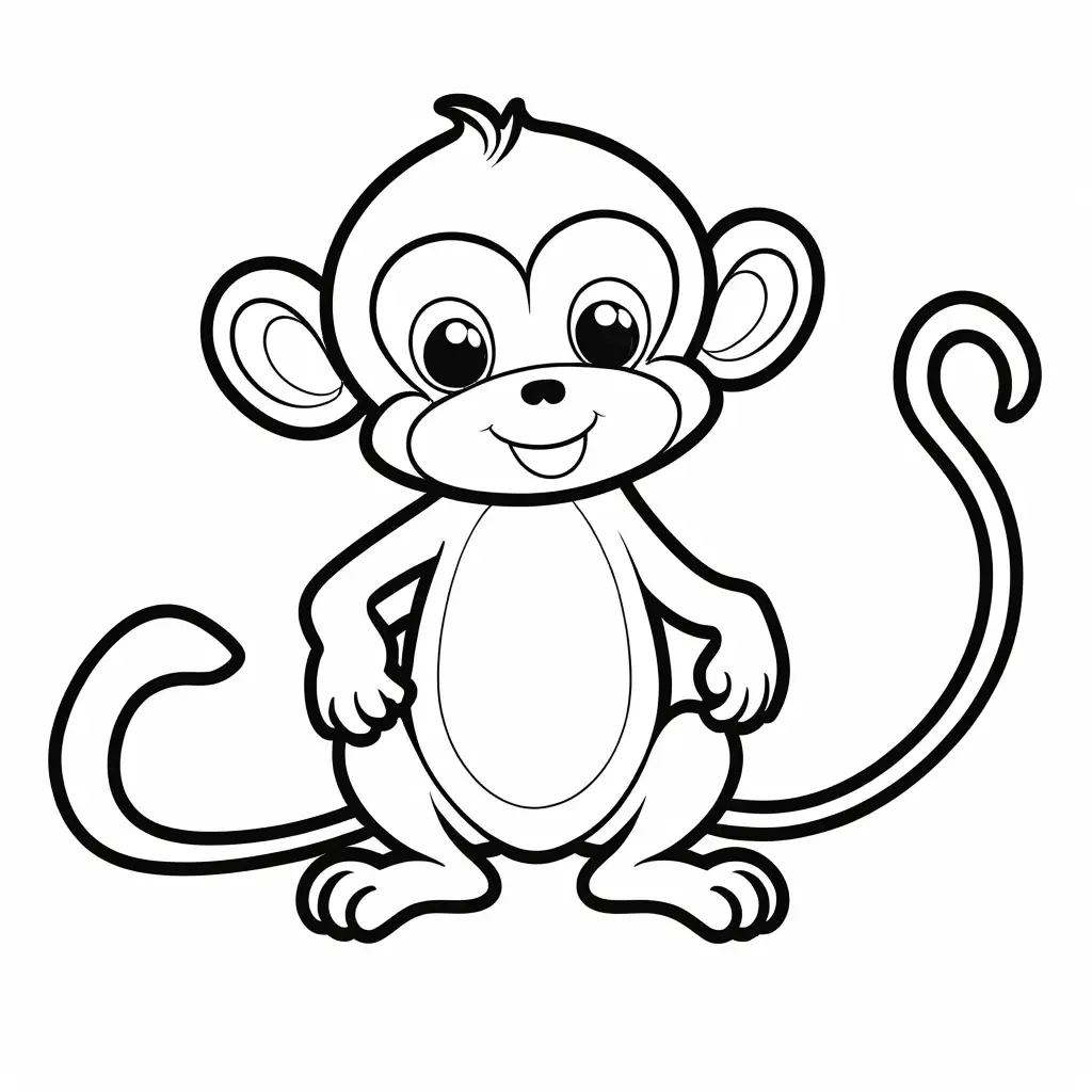 a cute monkey with banana, Coloring Page, black and white, line art, white background, Simplicity, Ample White Space. The background of the coloring page is plain white to make it easy for young children to color within the lines. The outlines of all the subjects are easy to distinguish, making it simple for kids to color without too much difficulty