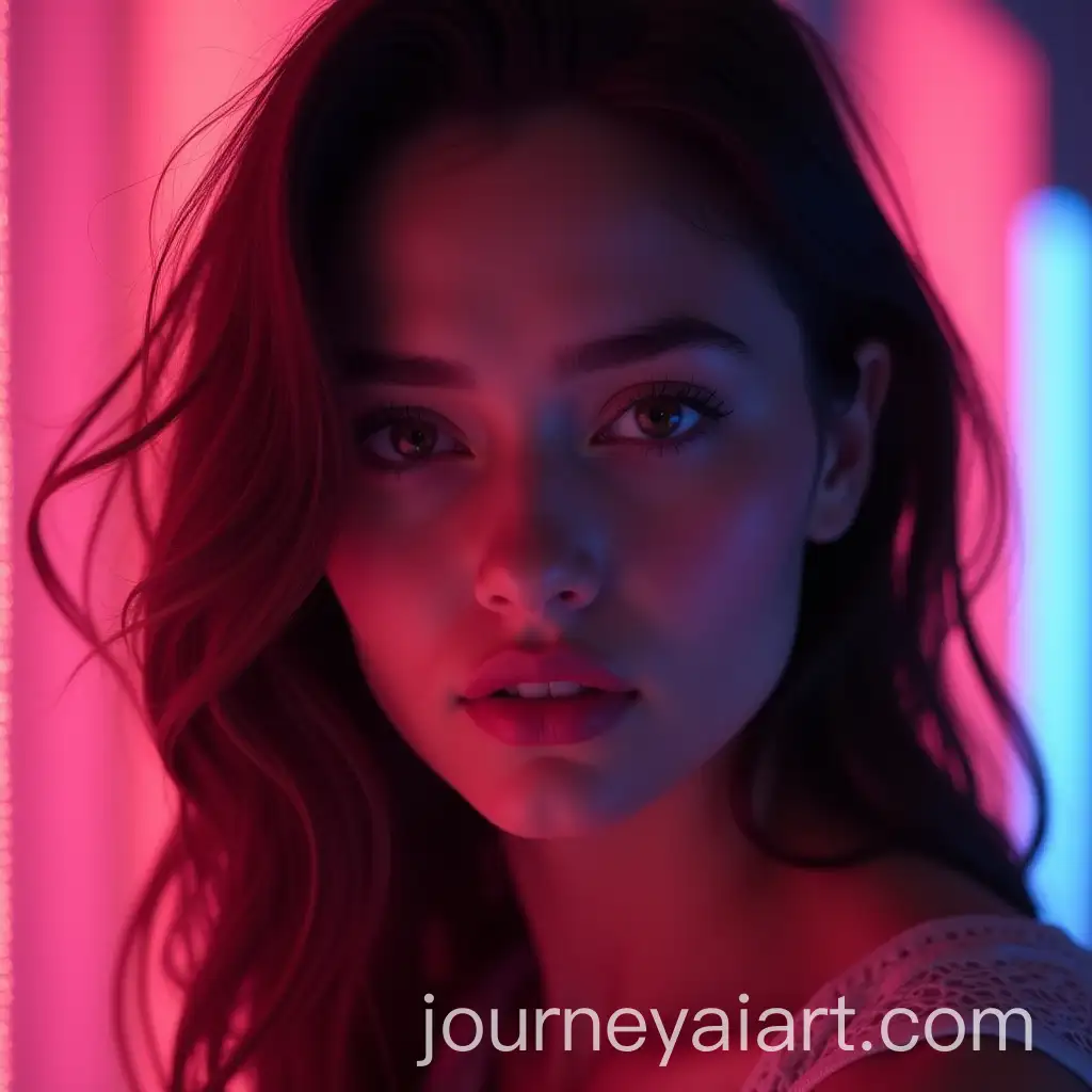 Young-Woman-with-Dark-Hair-Illuminated-by-Neon-Lights