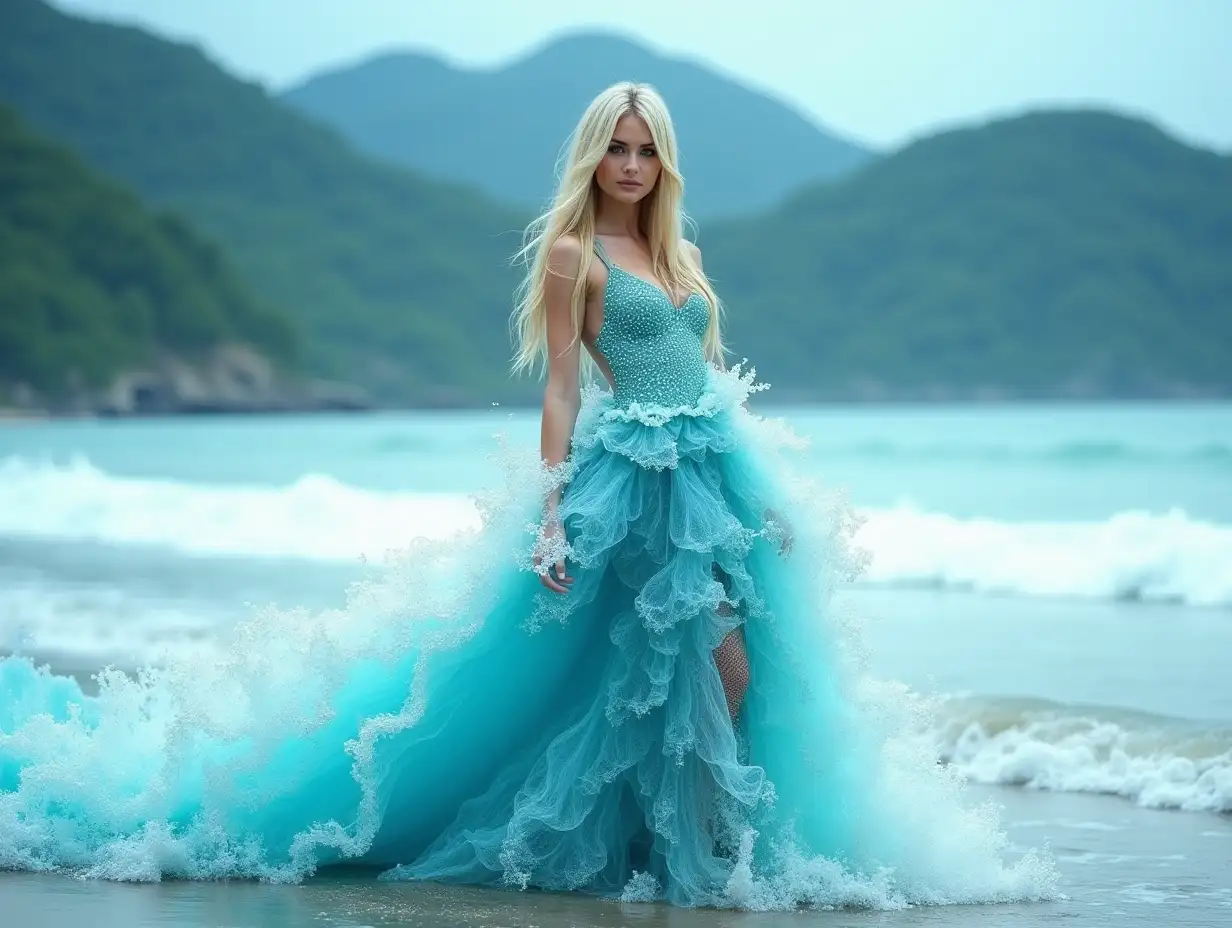 Stunning and surreal image of Avril Lavigne wearing an intricate aqua dress made entirely of water waves, creating a mesmerizing and visually stunning effect. The girl is shown in a graceful pose on the beach, and the water seems to crash into her and climb up to her chest, covering her body extensively. This image can be created using the following vector. Woman in an elaborate aqua dress made entirely of water waves, thick and long hair, blue eyes, green mountains behind the sea, rainy weather, beautiful body, design by Dmitry Kostanovich, Photoshop, Felicia Semyon, UHD photo, Ekaterina Panikanova, bright and shiny, HDR, dynamic mode, 32 kb, sharp focus, illustration. by Sasan.