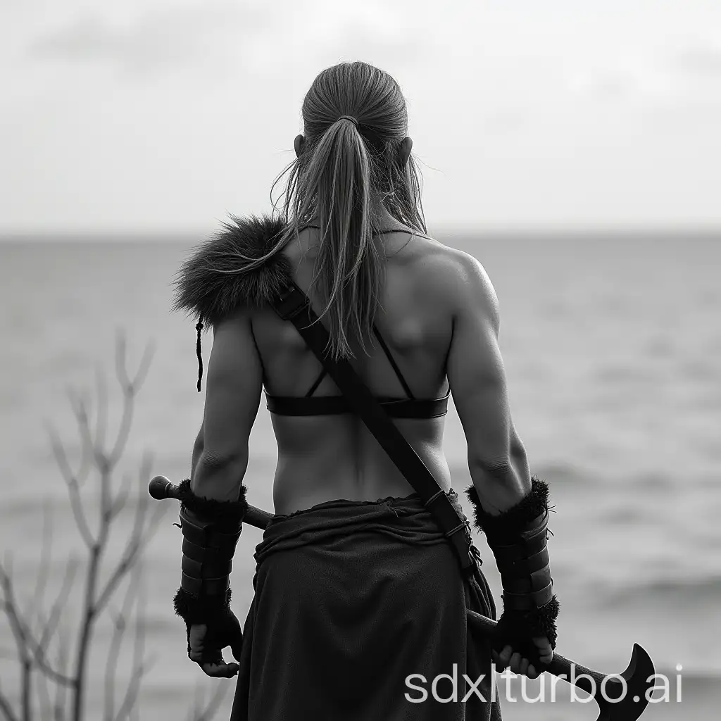 Nude Viking warrior resembling Lagertha from behind to see and in black and white