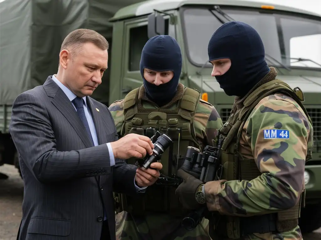 Belarusian-Person-Shows-Devices-to-Ukrainian-Military-MM14-in-Office-Wear