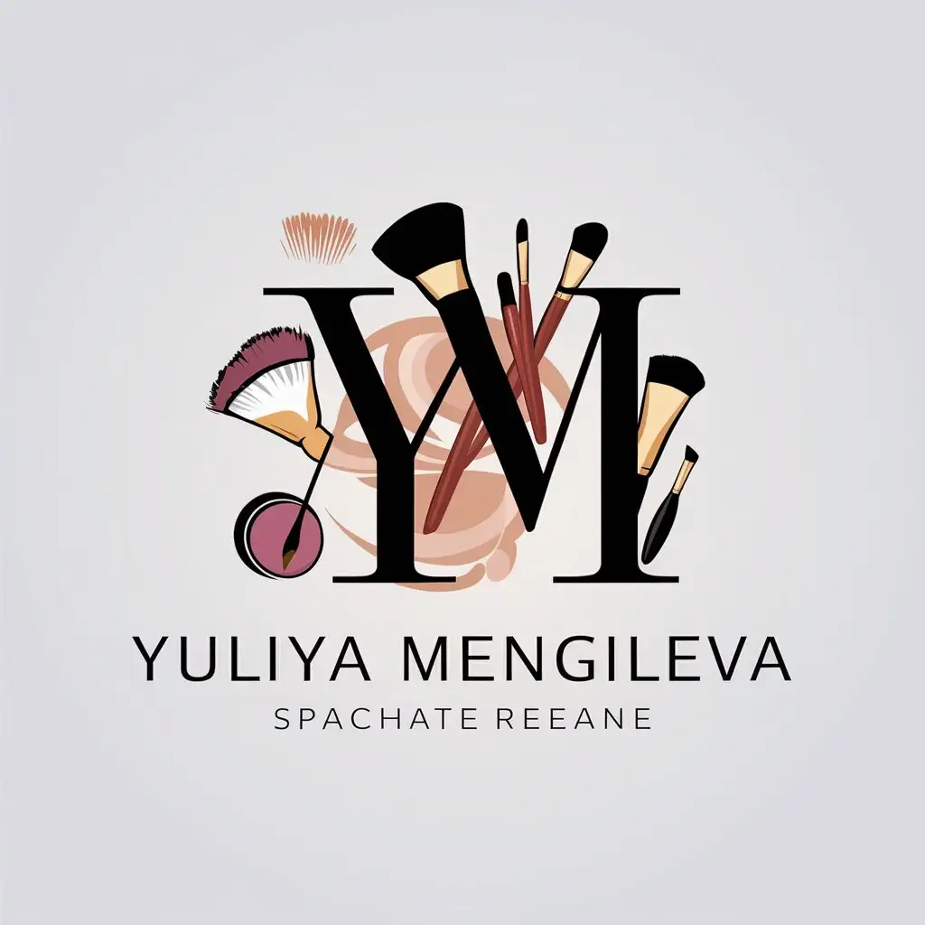 a vector logo design,with the text "YULIYA MENGILEVA ", main symbol:YM, brushes, makeup,Moderate,be used in Beauty Spa industry,clear background