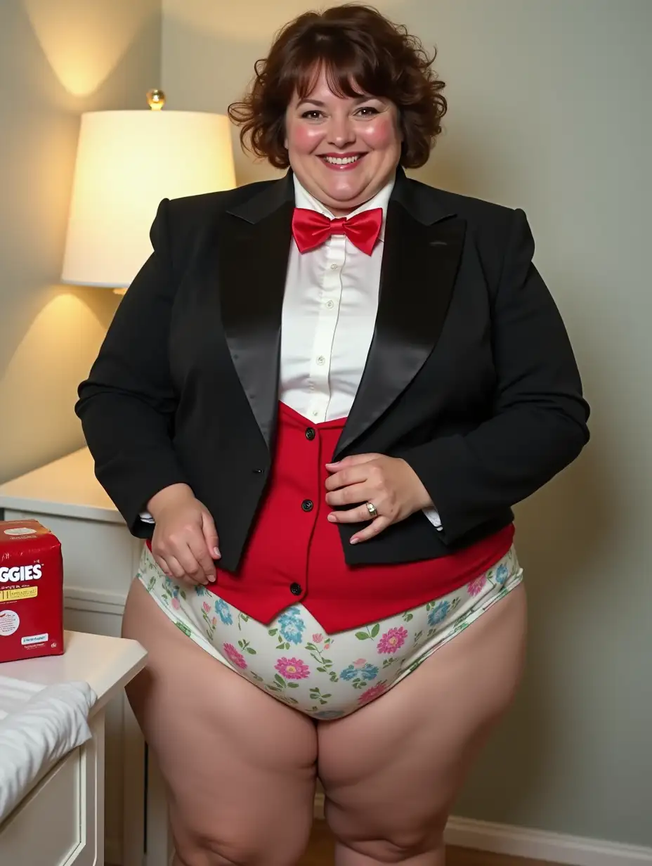 MiddleAged-Woman-in-Formal-Tuxedo-with-Huggies-Diapers-in-Nursery