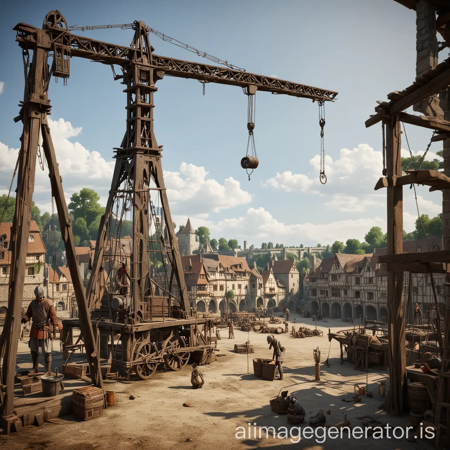 Create a realistic and detailed image centered on a medieval crane with a pulley system from the 11th to 12th century. The subject should be isolated but can have a fully detailed background, ensuring the focus remains on the crane. The crane should be authentic and precise to the medieval era, featuring wooden and metal components typical of that time. Place this crane outdoors in the middle of an authentic medieval construction site, with a realistic and detailed background including workers and tools appropriate to the period. The setting should depict a bustling medieval construction scene in a natural outdoor environment. The lighting should be clear and well-lit, highlighting the intricate details of the crane and pulley system. Ensure each generation of this image shows a different camera angle or viewpoint, capturing various perspectives of the crane and the realistic medieval construction site around it.