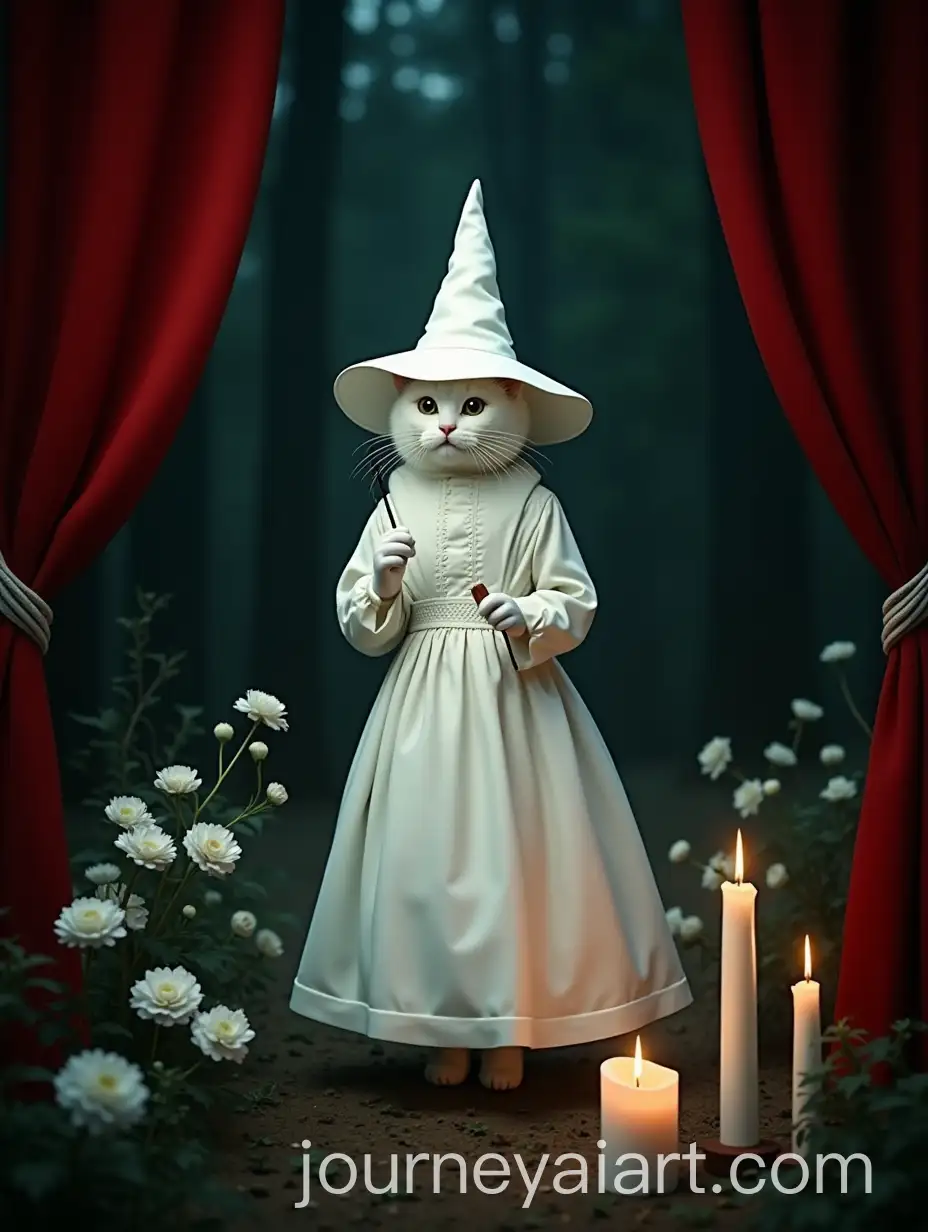 White-Cat-in-Victorian-Dress-with-Magic-Wand-and-Candles-in-Dark-Forest
