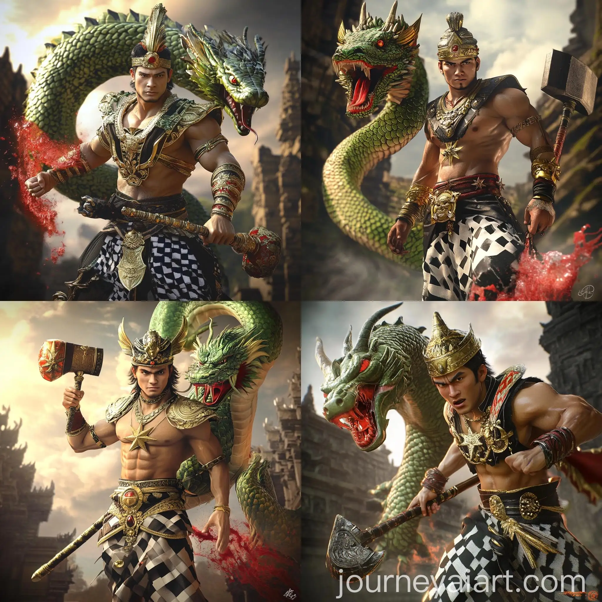 Courageous-Balinese-Warrior-Confronting-Green-Dragon-with-Mace-Splash-Scene