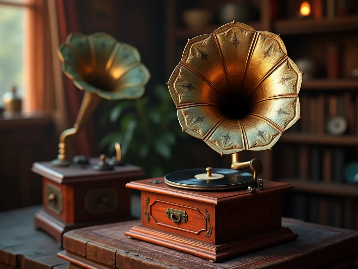 A very detailed photo of a gramophone with ornaments  4K resolution colorful