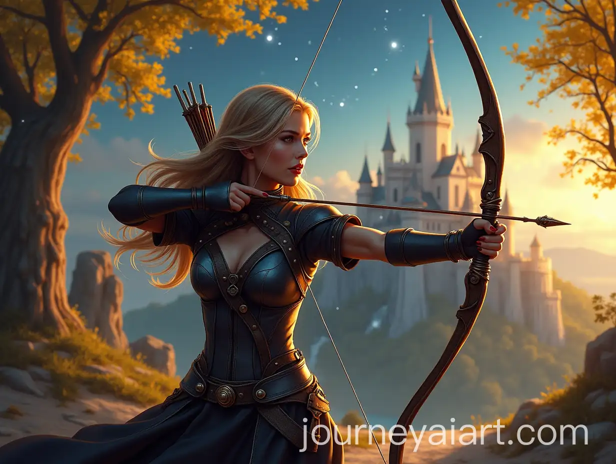 Fantasy-Archer-Woman-in-MMORPG-World-with-Castle-and-Shiny-Yellow-Tree