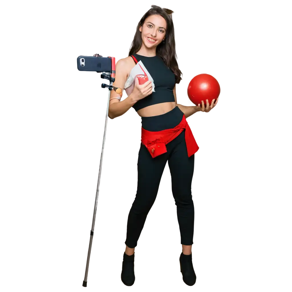 Charming-Russian-Fitness-Blogger-PNG-with-Selfie-Stick-and-Fitness-Ball-HighQuality-Transparent-Background