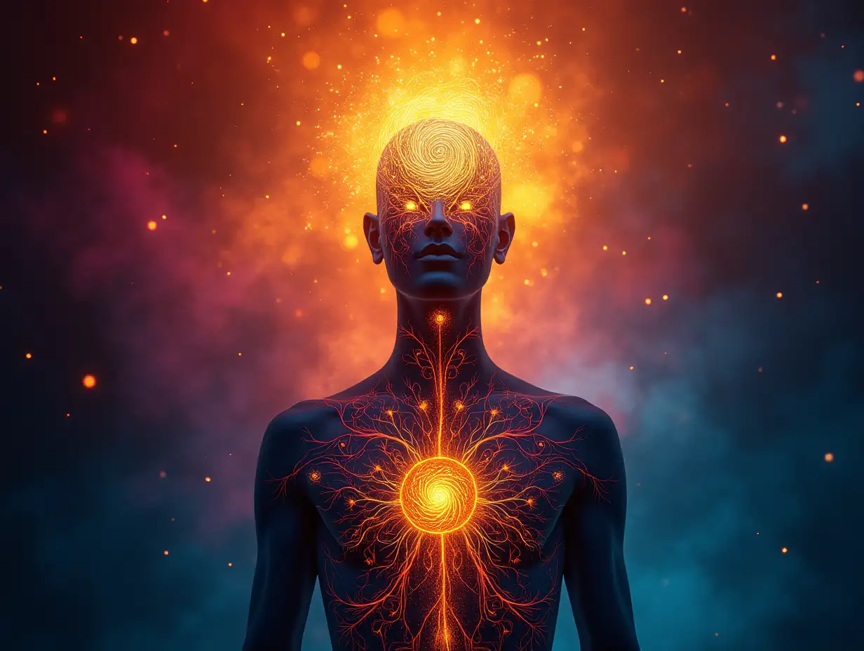 A vibrant, surreal artwork depicting a human-like figure glowing with energy, featuring a radiant, swirling sun-like pattern on the head, symbolizing enlightenment and cosmic connection. The body is black with glowing colorful neural-like patterns resembling a nervous system, emanating vibrant light. The background is an ethereal blend of bright red, blue, and yellow gradients, resembling a star-filled galaxy. The atmosphere conveys mysticism, energy, and transcendence.