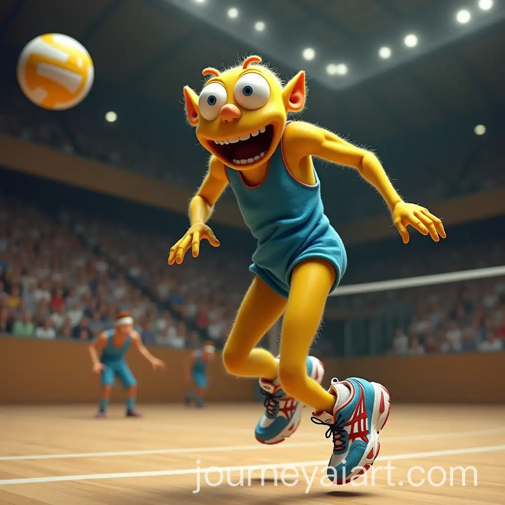 Energetic-Dwarf-in-Sports-Hall-Jumping-to-Hit-Volleyball