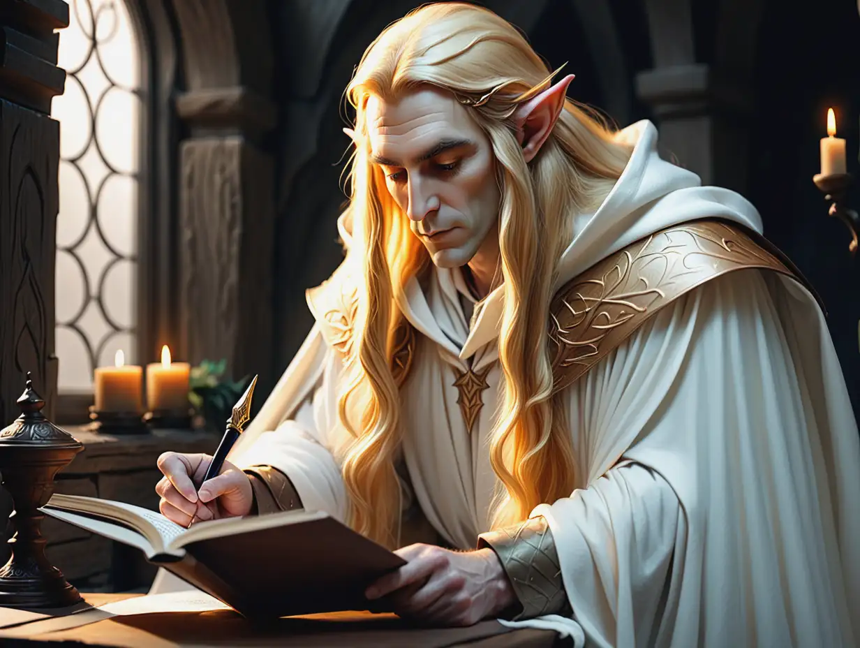 GoldenHaired-Elf-Man-Writing-in-White-Cloak