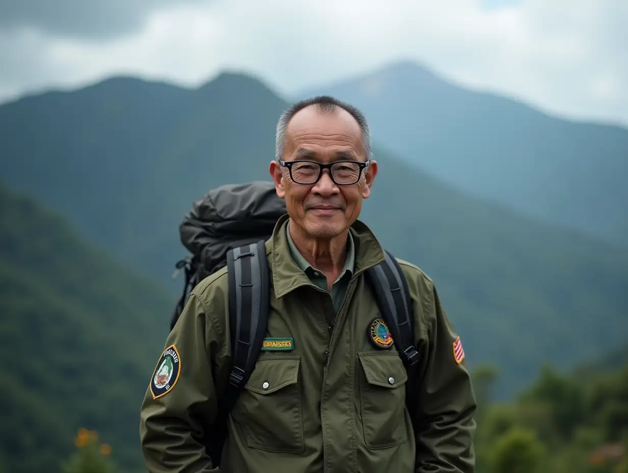 50 year old Indonesian man, short hair, wearing glasses, wearing an army jacket, carrying a backpack, badge on his right arm, face facing the camera, standing in front of Batu, in the mountains, cinematic, portraitialistic