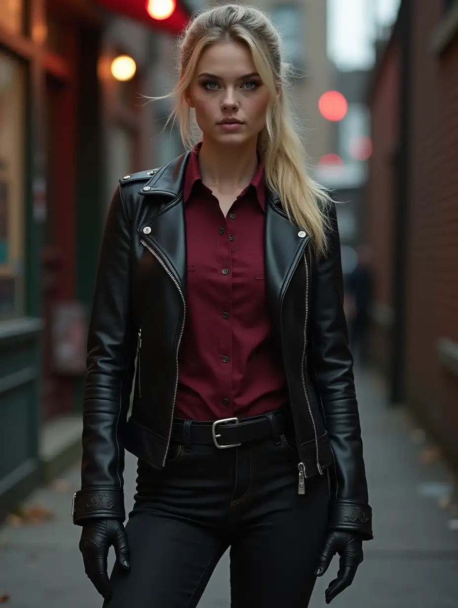 Teagan-Croft-in-Dark-Leather-Jacket-with-Demonic-Sigils-in-Alleyway