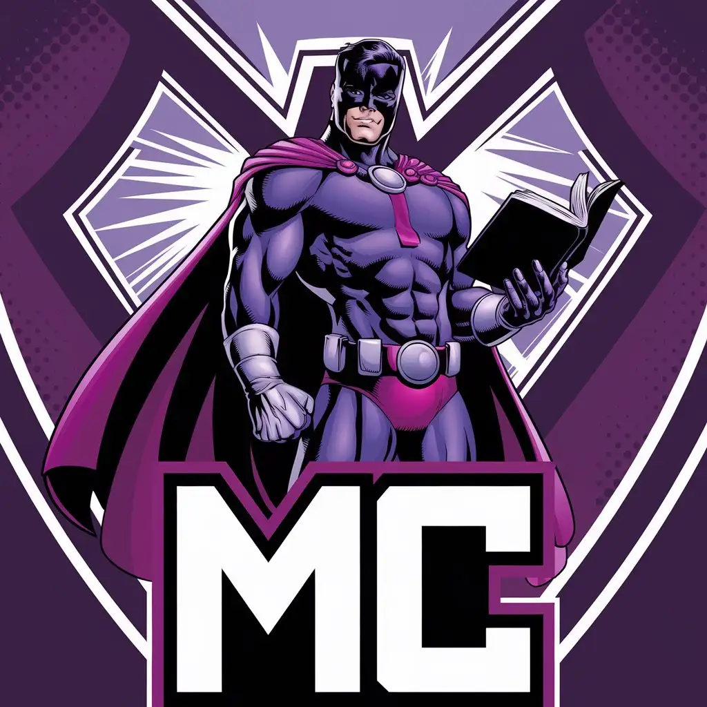 a vector logo design,with the text "MC", main symbol:Create a dynamic superhero logo featuring a strong, muscular hero wearing a mask and a cape. The hero should hold a book in one hand, symbolizing knowledge or creativity, and stand confidently. Use bold, contrasting colors like deep purple and bright magenta for the hero's suit, with accents in and white. The background should feature a stylized shield or emblem, adding depth. Place large, modern block-style letters 'MC' prominently at the bottom, ensuring they complement the superhero's pose and colors. The overall design should feel heroic, vibrant, and professional, with clean lines and a comic-book aesthetic.,Moderate,be used in Internet industry,clear background