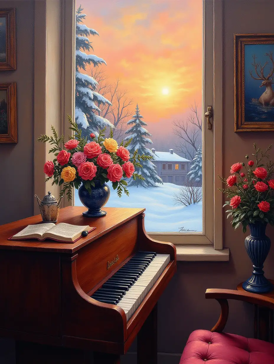 Accurate. Well proportioned. Highest quality. Masterpiece. Painting. Acryl on canvas. Thick visible brushstrokes. Saturated vibrant colors. Extraordinaire. Artistic. Fanciful. Unique. Accurate. Wide extremely cozy warm wide room scenery. One accurate Piano. Far behind one accurate beautiful colorful vase with beautiful colorful roses sitting far behind at lovely cozy windowsill with view to early misty snowy morning with stunning sunrise in wide winter wonderland background. Well proportioned. Accurate.