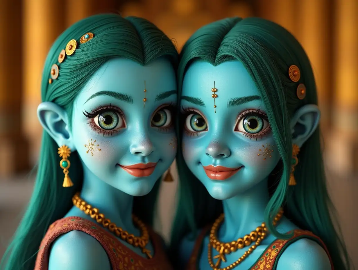 Two young blue girls with alien face, with green hair, with a light smile on their faces, accentuating their smiles, modern retro jewelry, in a temple with lots of gold in various shades   4k quality