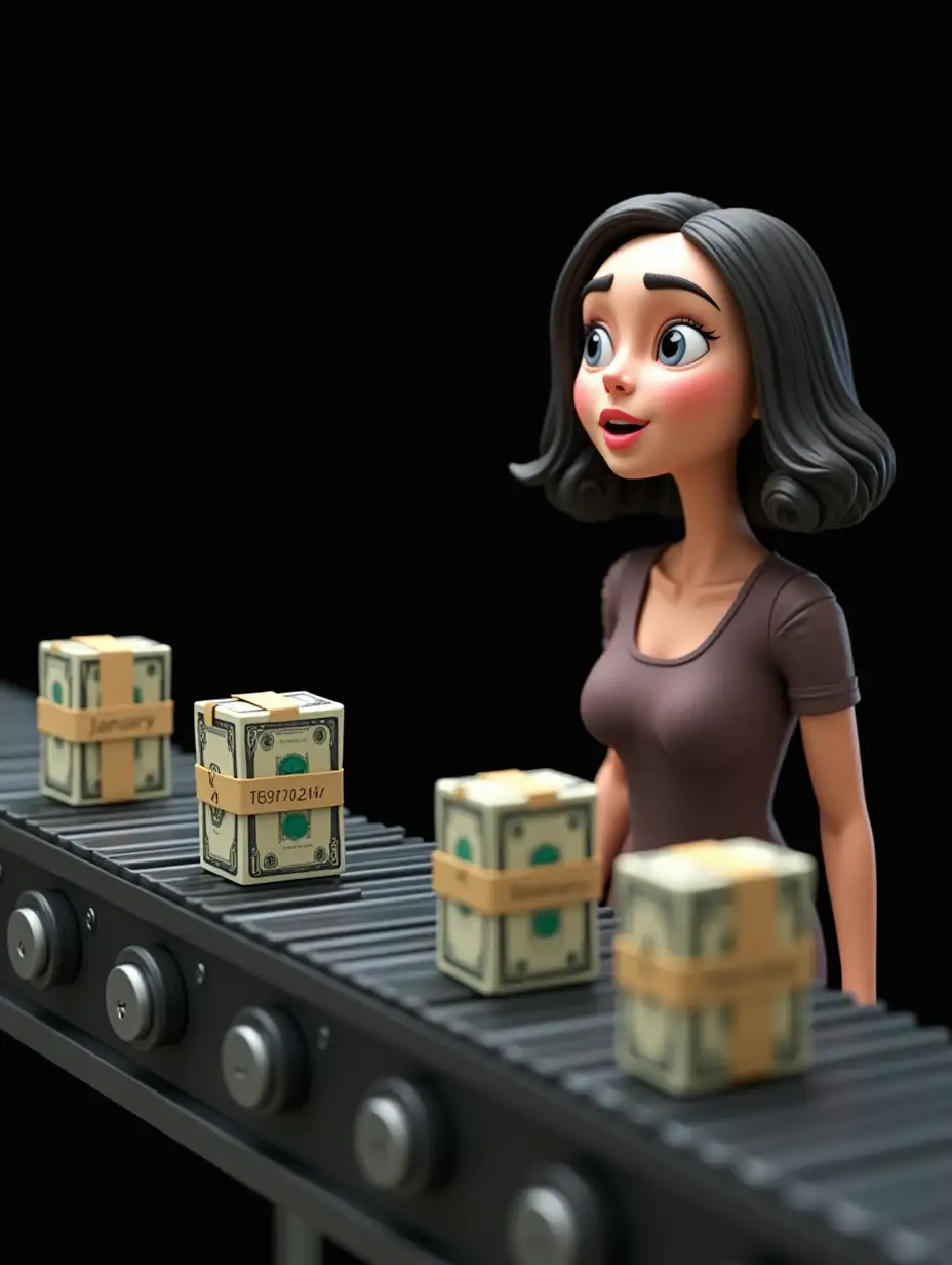 Female-Character-Observing-Factory-Conveyor-Belt-Producing-Monthly-Income-Bundles
