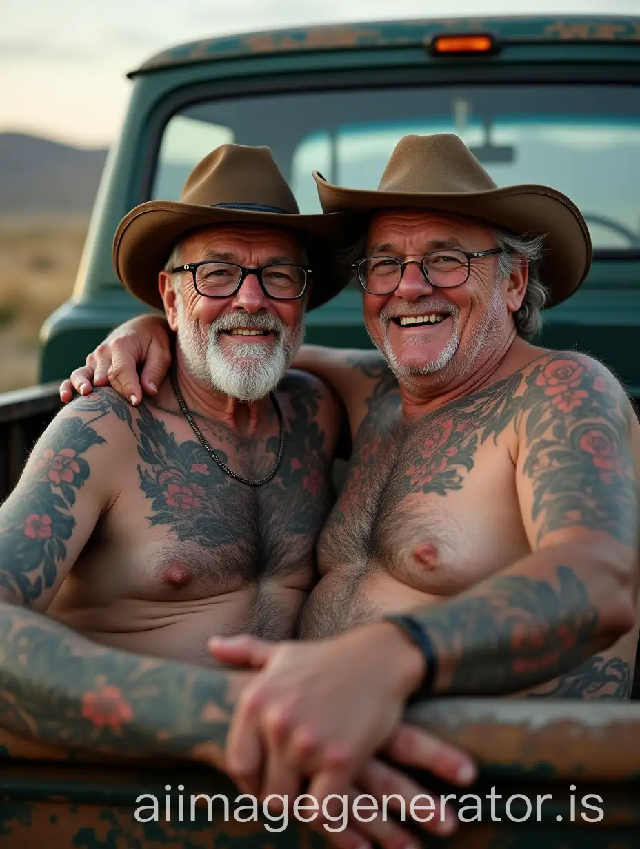 Two-Rugged-Cowboy-Friends-with-Tattoos-Embracing-Behind-a-Truck