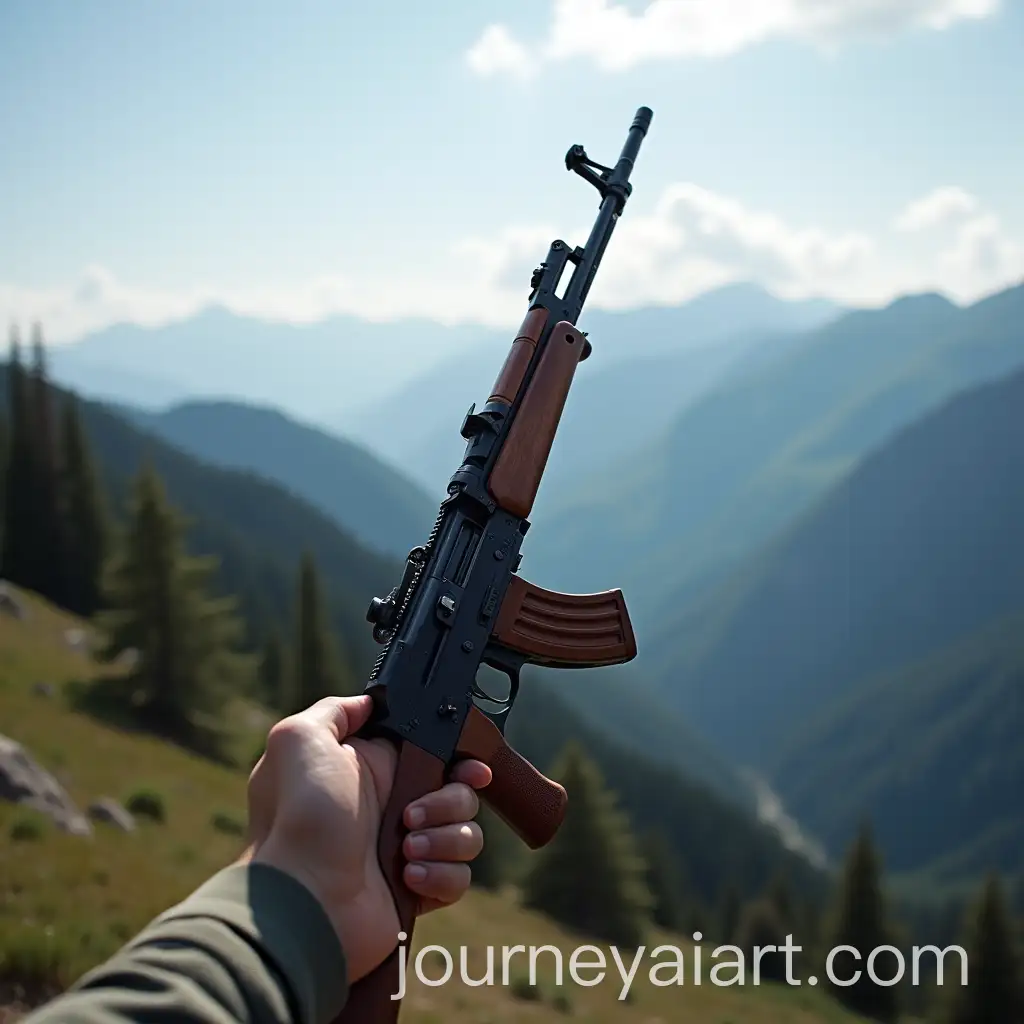 Person-Holding-AK47-on-Mountain-Summit-with-Dramatic-Backdrop