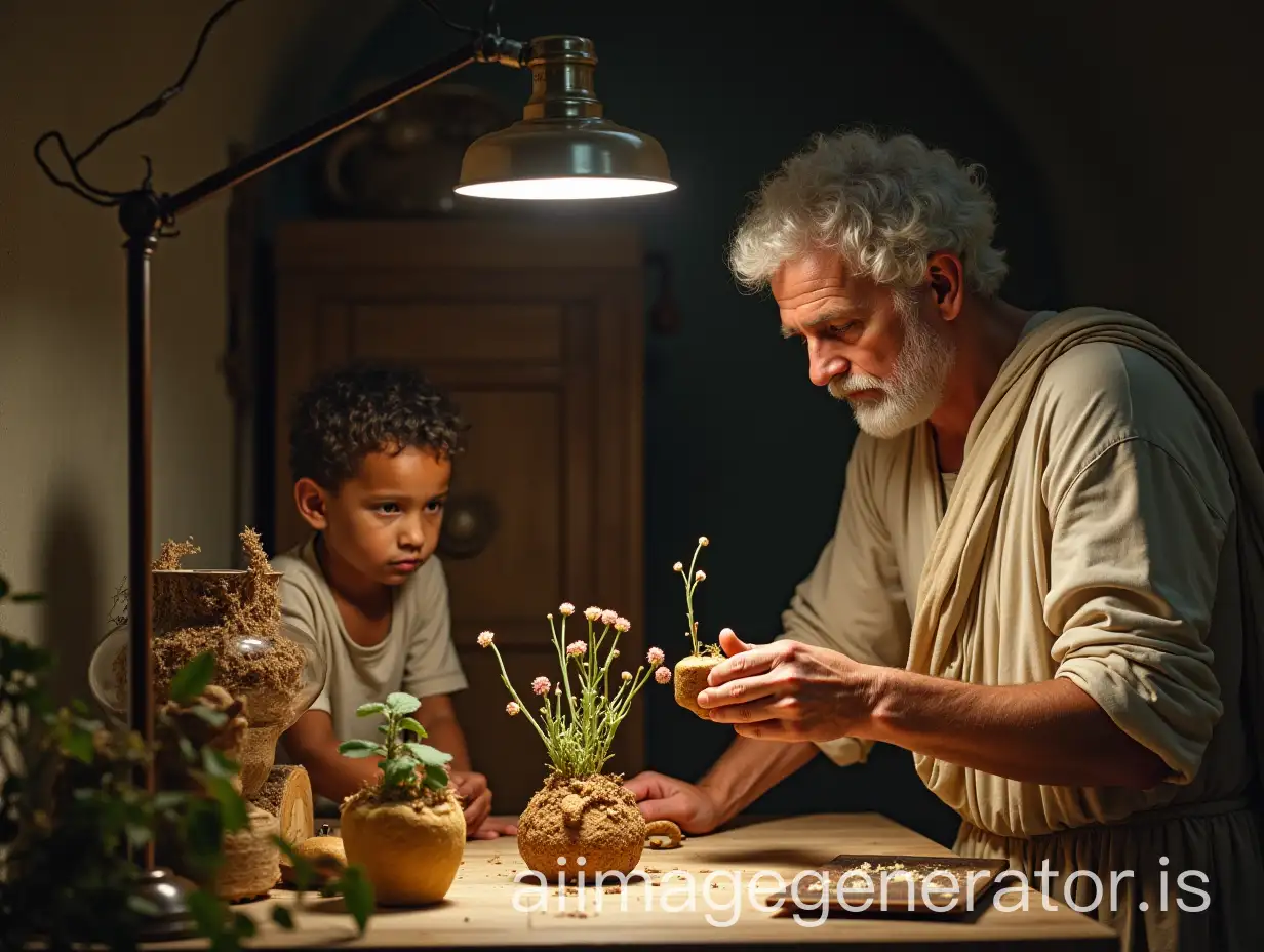 An imaginary scene of 9-year-old Aristotle watching his father experimenting with plants