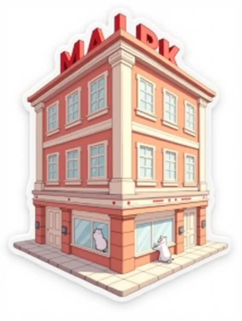 cutout isometric vector sticker: view of the long 3-storey building from the corner, the ground floor is completely red-brown in color with white windows and a white glass door in the center of the frame. In the center, above the door of the first floor, there are two white columns two stories high, the upper two floors are light peach-colored with white, the corner of the building is rounded and decorated with a colonnade resting on the first floor and supporting the roof top. at the very top of the corner of the building are red letters forming the word MARK. There are white little anime white cats next to the buildings in the image of business people. Sticker design - top view, blank background, high resolution, vector graphics, white background, paint anime style.