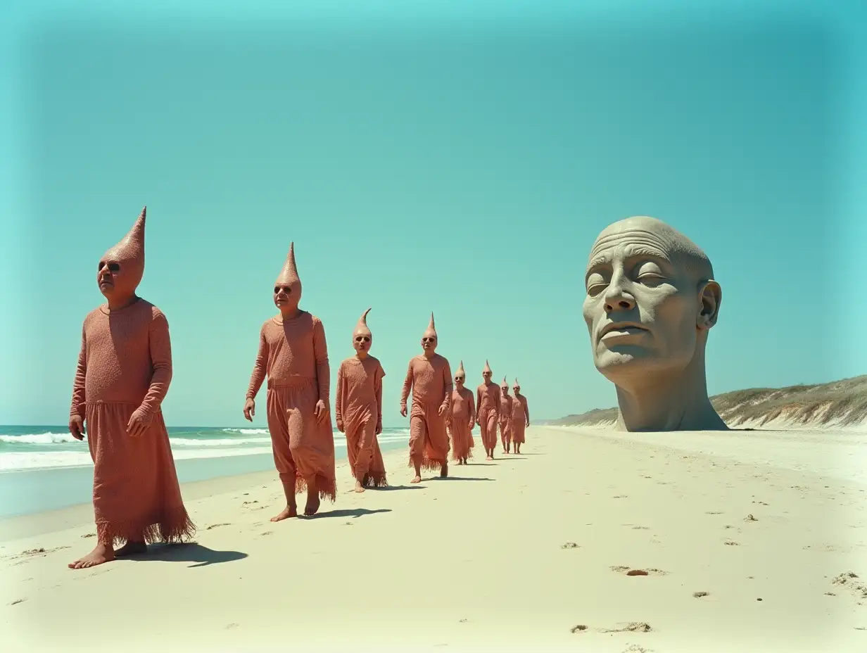 Strange-Fantasy-World-Men-and-Women-in-Grotesque-Costumes-Walking-on-Beach-with-Giant-Statue-Heads