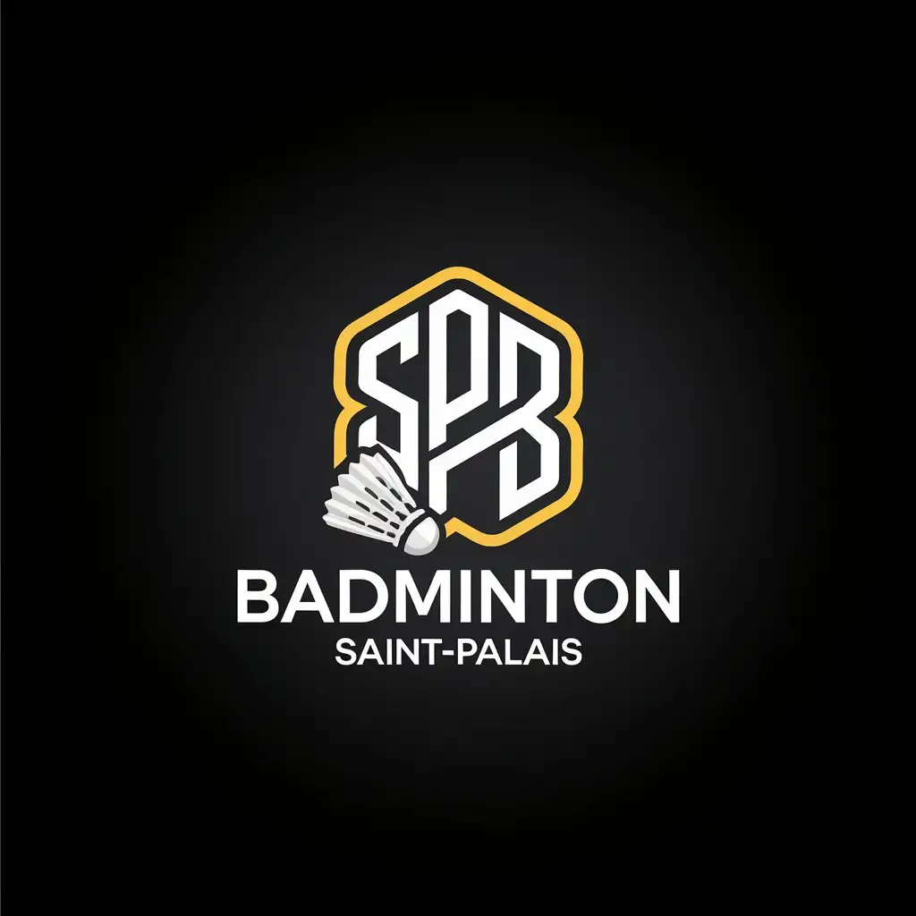 LOGO Design for Badminton SaintPalais Monogram SPB with Refined Shuttlecock and Black Background