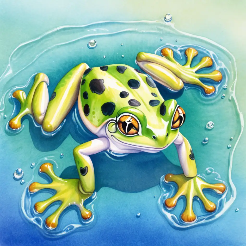 Watercolor Painting of a Sweet Frog Floating in Water