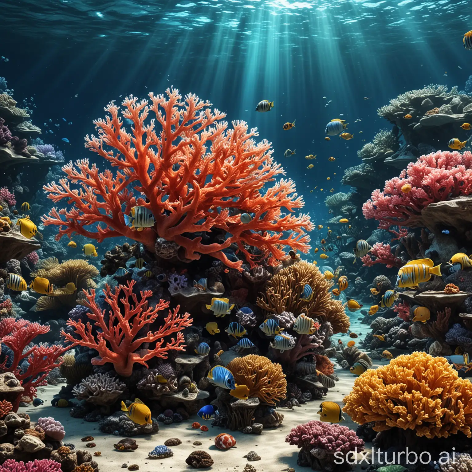 Underwater world, corals, various fish, various underwater creatures, hyper-realistic, high-definition