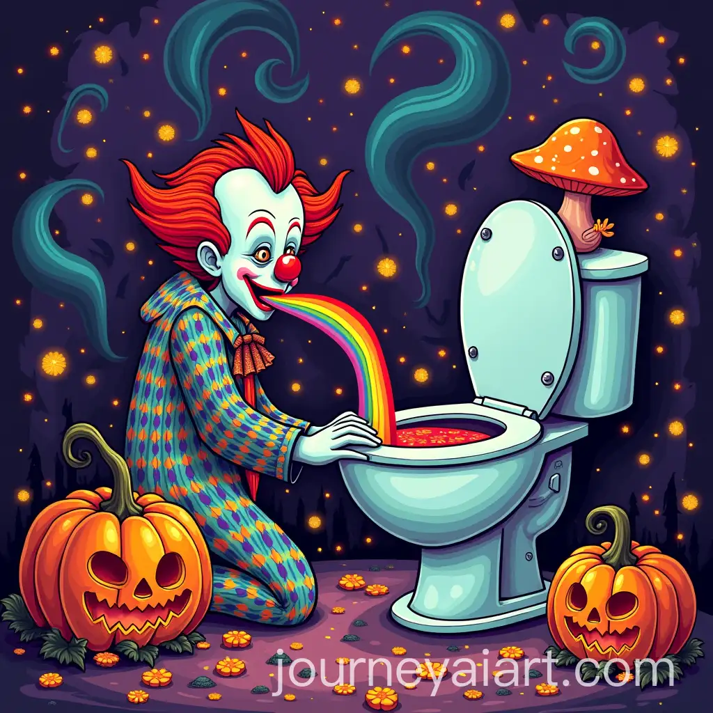 Halloween-Psychedelic-Clown-Vomiting-Rainbows-Amidst-Joyful-Pumpkins-and-Mushrooms