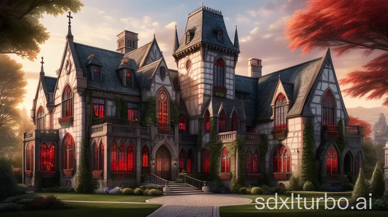 Medieval-Gothic-Noble-Mansion-with-Stained-Glass-Windows-and-IvyCovered-Walls