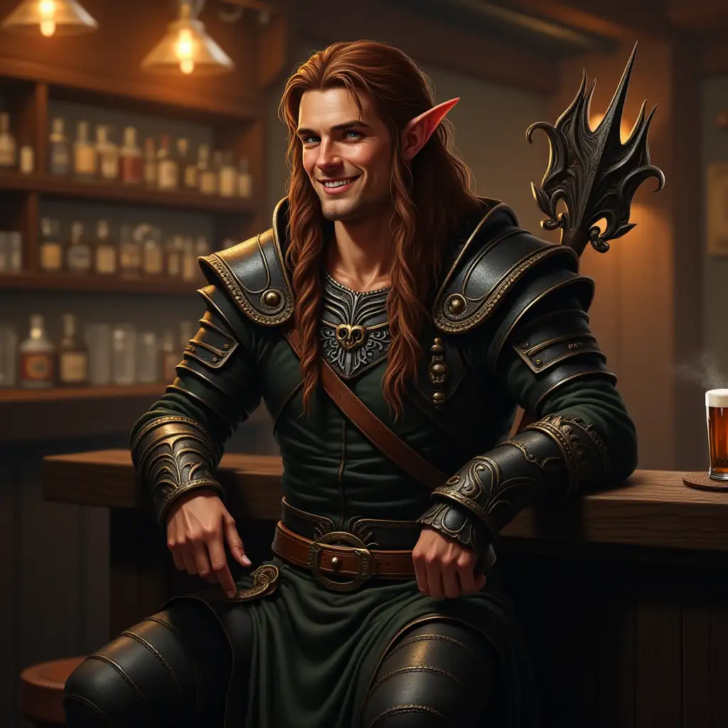 Handsome Wood Elf with Bow Staff at Inn Bar