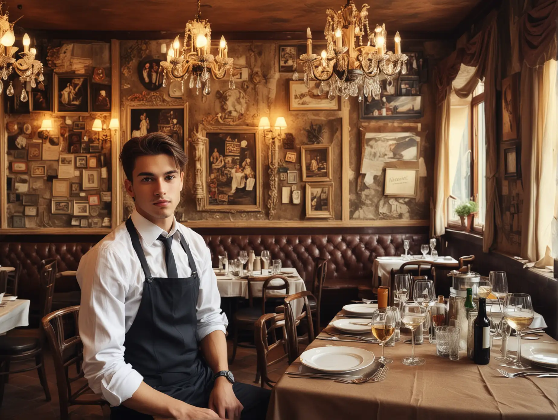 A young man is working in a restaurant, the restaurant is decorated in European style, the picture is real, shot with iPhone