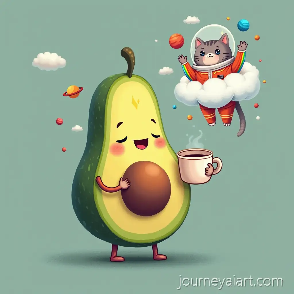 Smiling-Avocado-with-CoffeeSmiling-avocado-with-coffee-Rainbow-Cloud-Hug-and-Cat-Astronaut-in-Space