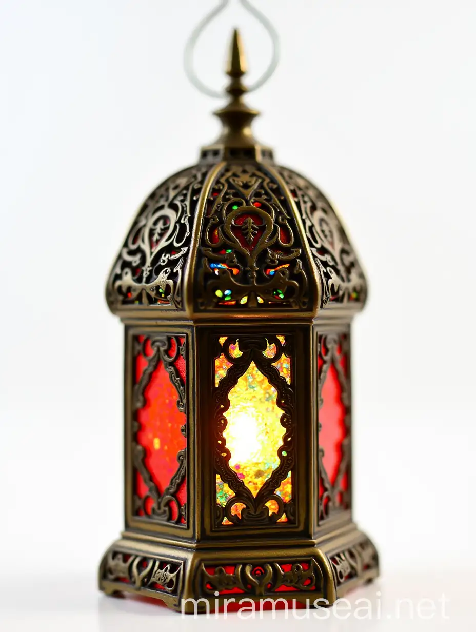 A stunning close-up of a traditional Ramadan lantern, intricately designed with ornate patterns and vibrant colors, set against a clean, isolated background. The lantern showcases delicate craftsmanship and intricate geometric details, reflecting a sense of tradition and elegance. Its vibrant stained glass panels in shades of red, green, and blue add a rich, festive touch, evoking feelings of warmth, hope, and spiritual reflection. The isolated background ensures the lantern remains the central focus, making it ideal for versatile use in creative projects.