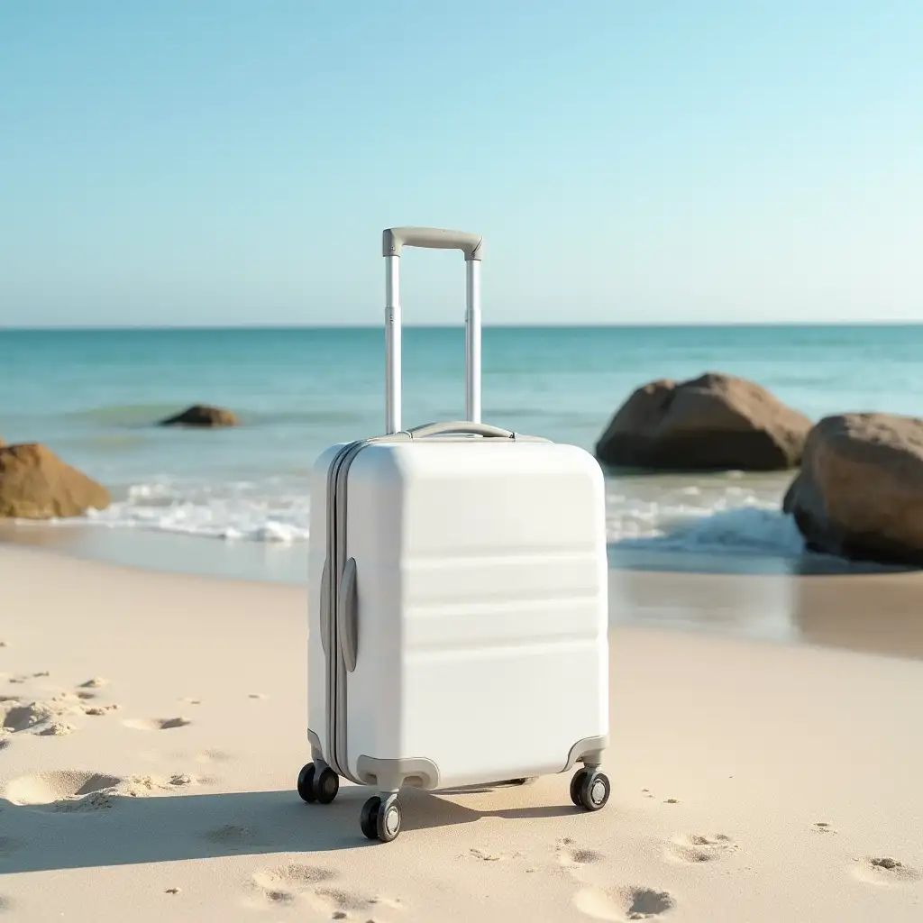 Minimalist Commercial Photography of a White 24Inch Luggage on a Sunny Beach