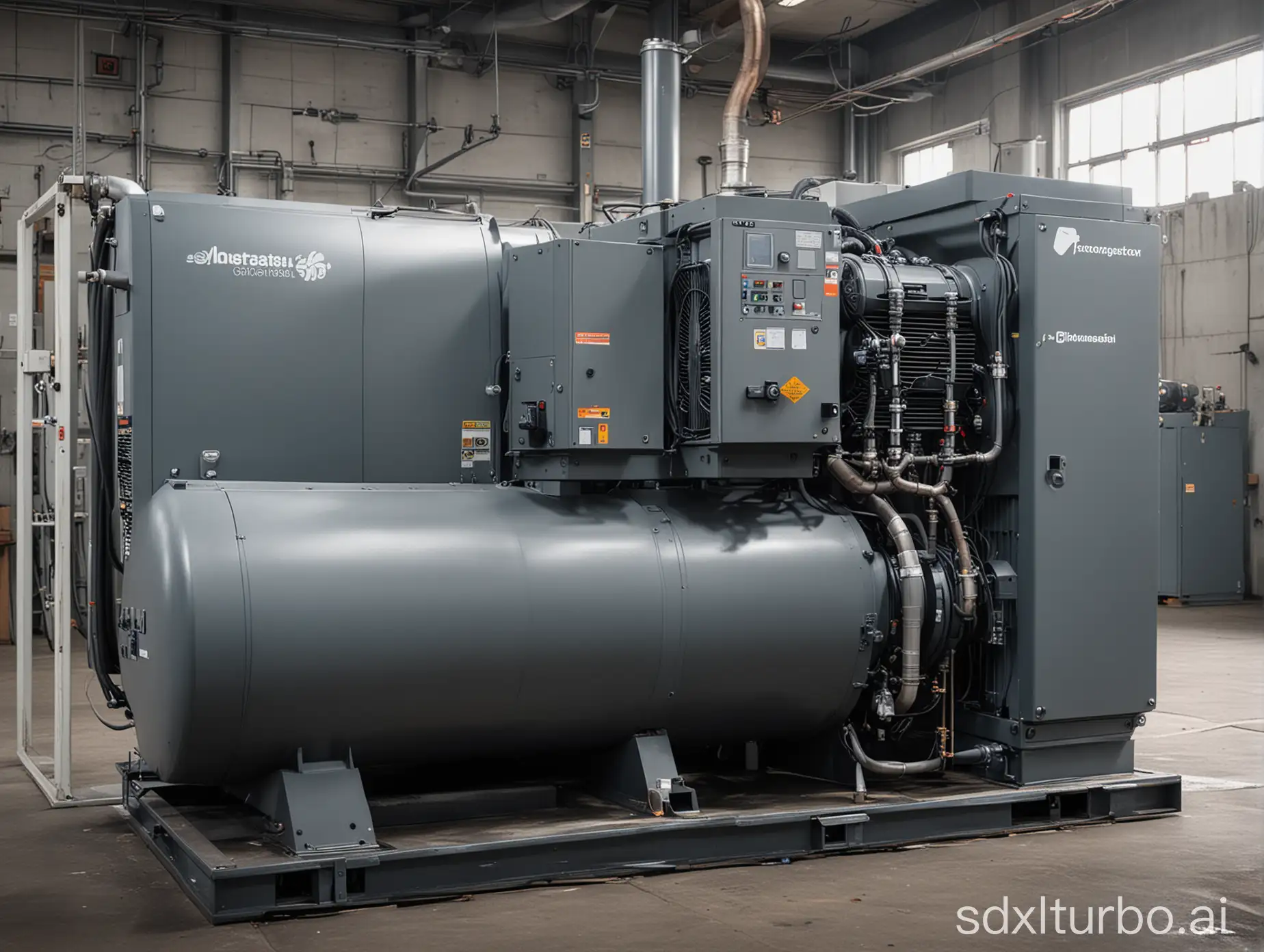 A photograph of a screw compressor in an industrial setting, with emphasis on details and high-quality image, demonstrating its usage and importance in the production process, without branding.