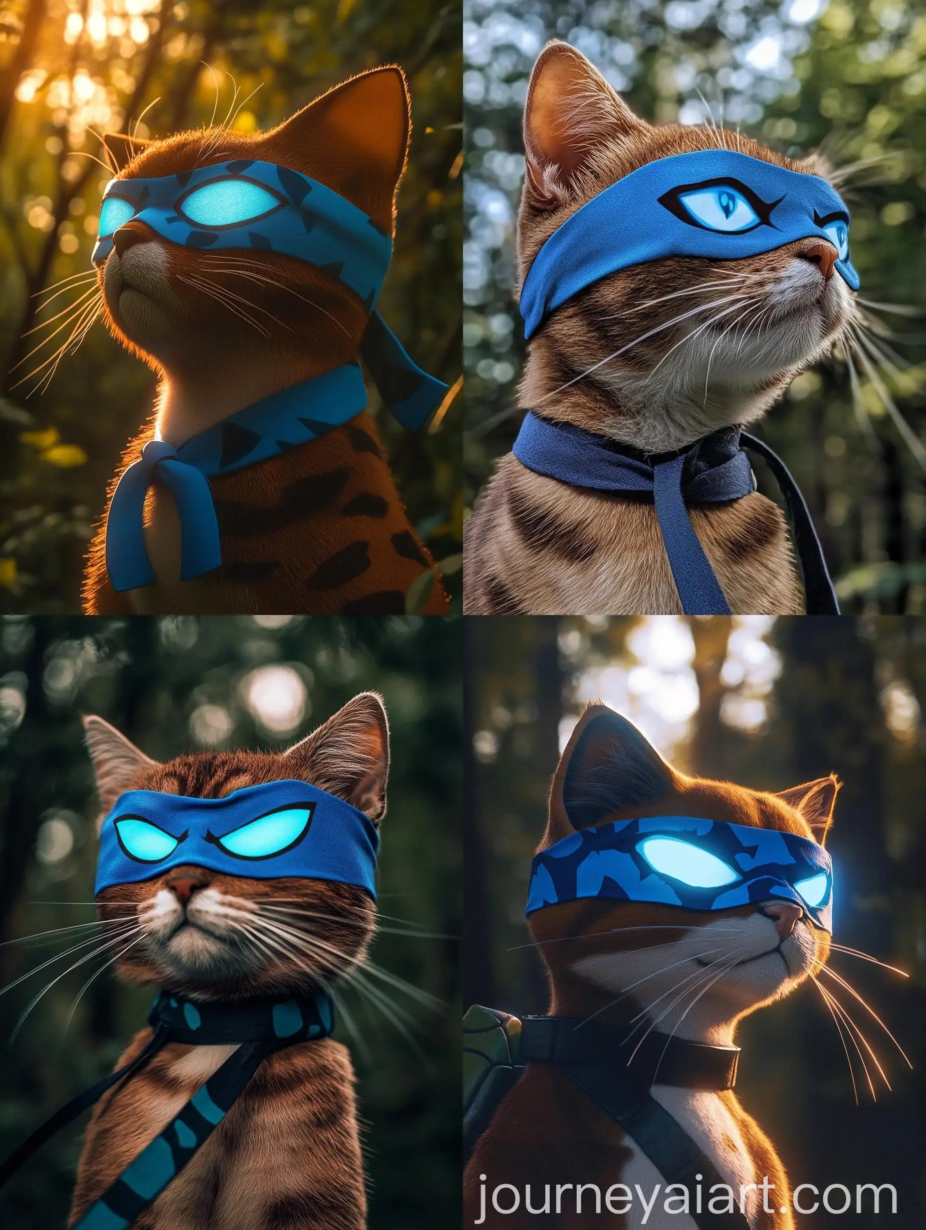 Blue-Ninja-Cat-CloseUp-Against-Tree-Backdrop