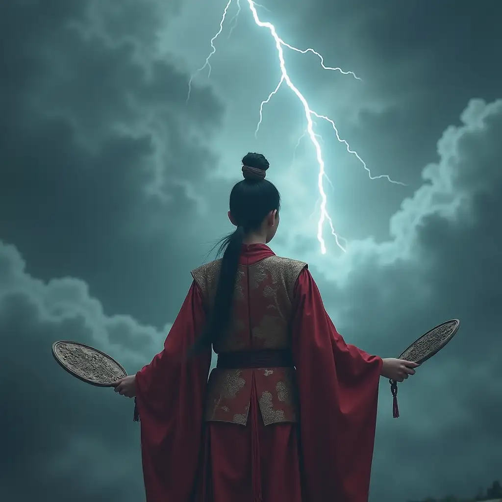 Above rolling dark clouds, a woman in ancient Chinese military attire, holding a bronze mirror in each hand, looking downward. Lightning flashes beneath the cloud layer.