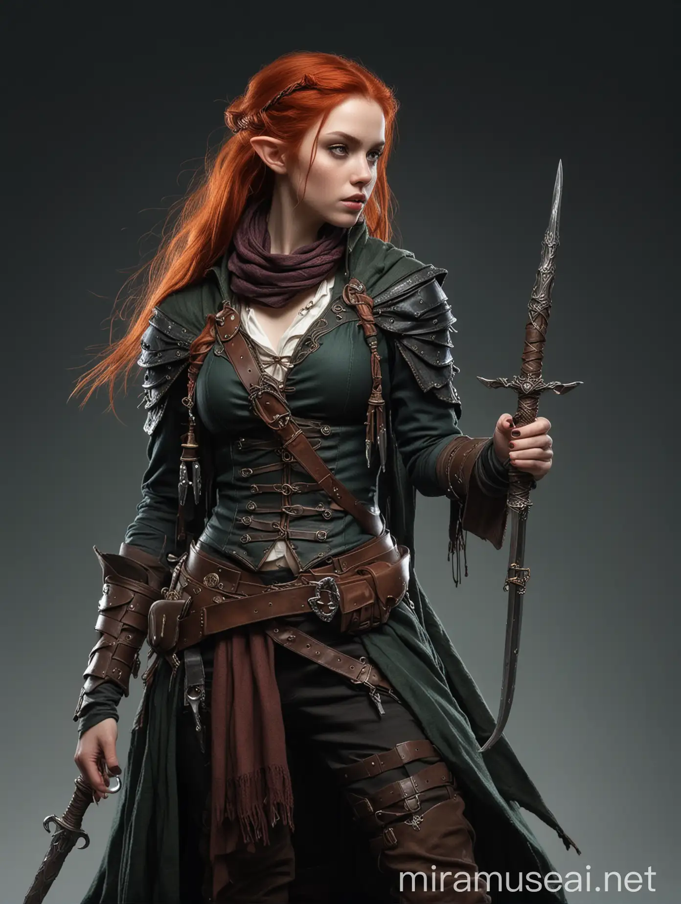 Dark Fantasy Female HalfElf Rogue with Rapier and Treasures